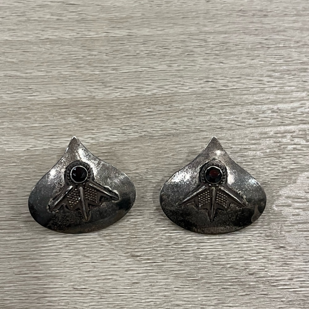 Vintage Red Stone 925 Sterling Silver Abstract Geometric Earrings